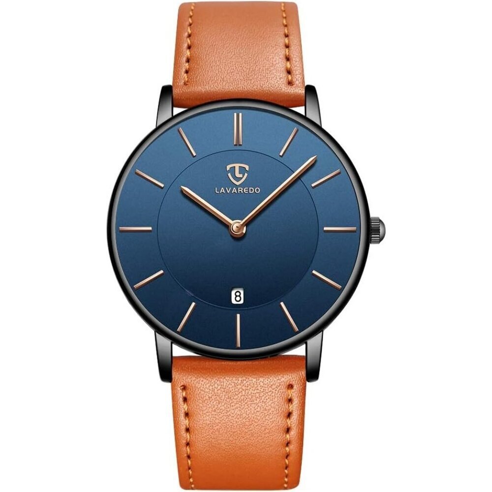 Mens Orange-Blue Leather Strap Analog Minimalist Simple Buckle Wrist Watch